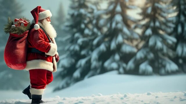 Santa Claus confidently walks through a snowy forest, carrying a big red sack filled with gifts. A cozy cabin glows warmly in the background, capturing the festive and magical spirit of Christmas nigh
