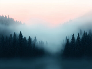 Obraz premium Misty sunrise over pine forest in winter, foggy atmospheric landscape 