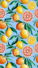 Seamless pattern with vector watercolor citrus: lemon, orange, grapefruit