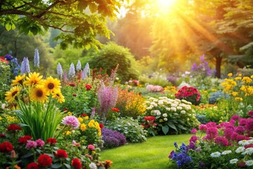 Obraz premium A sunny day in the garden with a variety of colorful flowers and lush greenery, vibrant colors, serene atmosphere