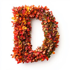 Alphabet letter D made of fall leaves, flowers. berries. Vibrant autumn colours. White clean background. Generative AI
