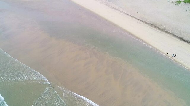 shore of a beach at sunrise with calm sea and two people walking with a dog, aerial view with drone footage