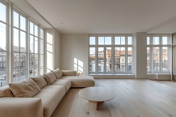 Obraz premium Mid century Modern interiors in the living room with windows visible and beige sofas. Generative AI 