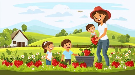 Family Fun: Picking Strawberries at a Sunny Farm with Rolling Hills