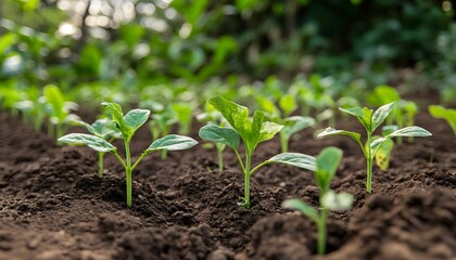 Close-up of young green plant seedlings emerging from dark soil