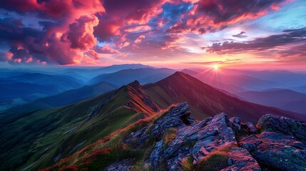 Rocky mountains at amazing colorful sunset in summer in mountain ridges and beautiful sky with pink red and orange clouds and sunlight in spring landscape with rocks mountain peak