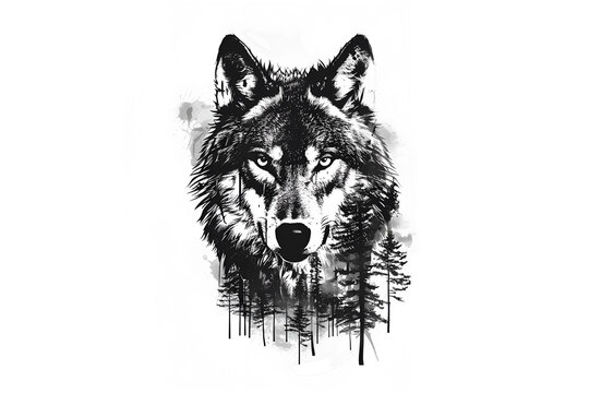 Beautiful wolf tattoo sketch illustration. Isolated hand drawn animal prints.