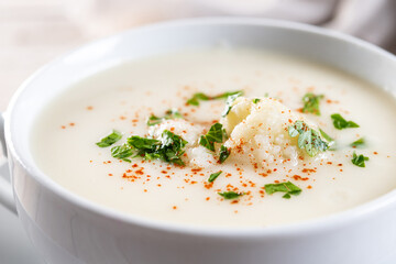 Cauliflower soup in bowl on wooden table. Close up