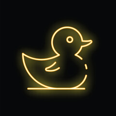 Yellow neon sign in the shape of a rubber duck swimming on a black background
