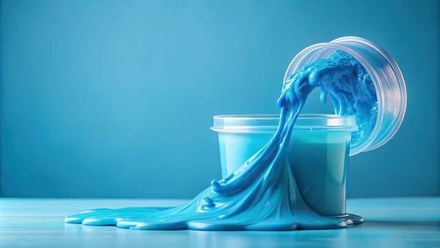 Blue slime oozing out of a container onto a light blue background with a few droplets of water, liquid effect, wet surface, colorful mess, vibrant color scheme