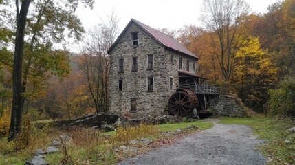 Grist Mill in Autumn: Colorful Fall Trees Surrounding Historic Landmark in West Virginia