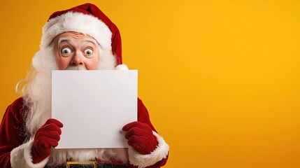 Naklejka premium Santa holding a blank sign with a surprised expression in front of a vibrant yellow background