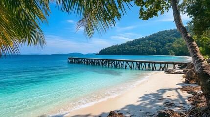 A tropical beach with a wooden pier extending over the turquoise water