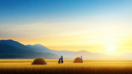 Fototapeta premium Harvesting rice in golden field at sunset, with farmers working in distance. serene landscape features mountains and vibrant sky, creating peaceful atmosphere