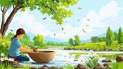 Handcrafting Pottery by the Riverside: A 2D Cartoon Illustration