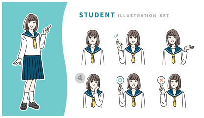 制服を着た学生の表情イラストセット