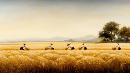 Obraz premium serene rural scene depicting workers harvesting golden wheat in field. landscape features rolling hills and trees, creating peaceful atmosphere