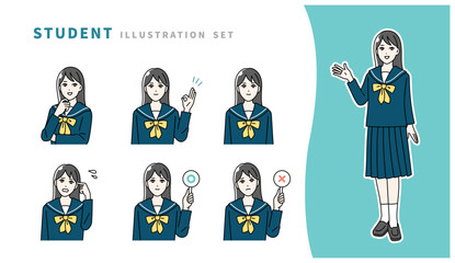 制服を着た学生の表情イラストセット
