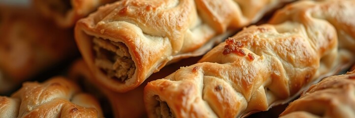 Close-up shot of a freshly baked small bread pastry stuffed with crispy crackling, stuffing, close-up