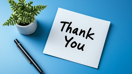 A clean, minimalist composition of a simple handwritten "Thank You" note on a white table.