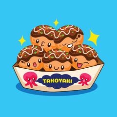 Hand drawn takoyaki kawaii cartoon illustration