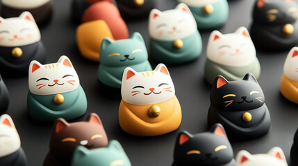 Collection of colorful smiling lucky cat figurines with bells on a dark background, varying in shades of white, black, teal, and orange, arranged in rows.