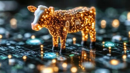 Obraz premium Digital Cow Figurine on a Circuit Board with Glowing Lights