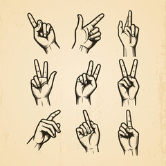 Fototapeta premium collection of hand drawn hands in different gestures vintage illustration isolated background