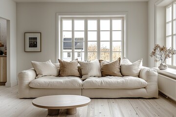 Scandinavian interiors in bright living rooms with windows and sofas and tables. Generative AI
