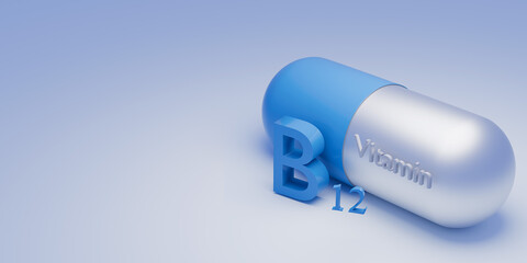 Vitamin B12 pills. Medicine capsule, color substance. Vitamin for care and beauty concept. 3d render.