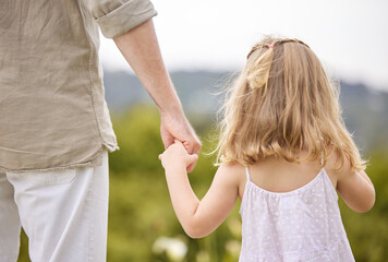 Garden, dad and girl with holding hands for care, trust and bonding as family. People, back view and parent with kid together for love, relax and rest on break at park with support for childcare