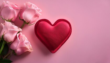 Fototapeta premium pink background with love heart and roses; concept of valentine holiday, marriage proposal, engagement