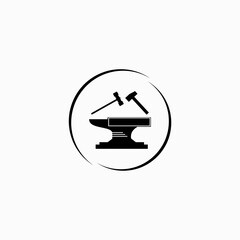 Anvil with hammer white icon  isolated on white background.