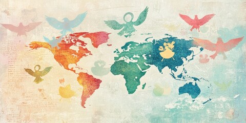 Naklejka premium Watercolor world map with doves flying.