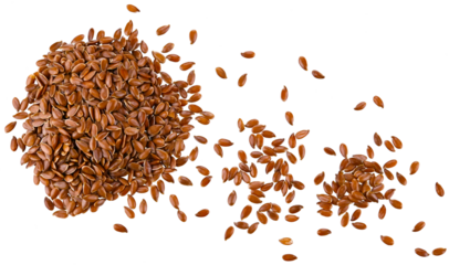 Scattered brown flax seeds isolated on a transparent background. Top view.