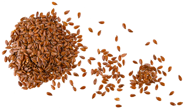 Scattered brown flax seeds isolated on a transparent background. Top view.