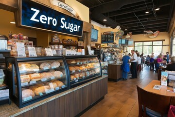 Welcoming Café Interior with Zero Sugar Bakery Display and Customers Enjoying Coffee