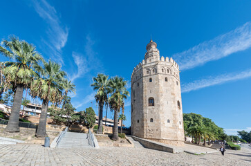 Naklejka premium Torre del Oro: This beautiful tower by the river is the symbol of Seville.