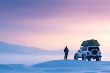 Man with 4x4 vehicle and rooftop tent in snowy landscape at dusk