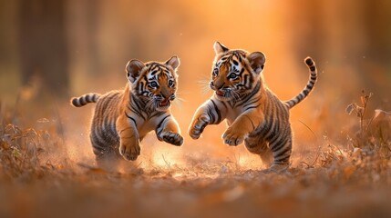 Two playful tiger cubs leap and pounce towards each other in a field of dry grass illuminated by warm, golden sunlight.