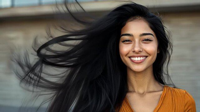 A young woman with long black hair smiles brightly as the wind blows through her hair