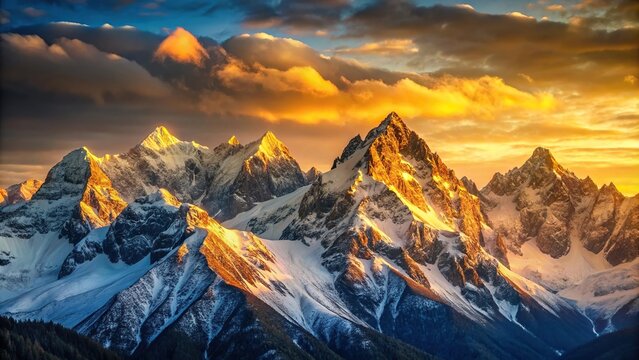 Golden light on mountain peaks at sunrise, foggy horizon, tranquility, warm tones, enormity
