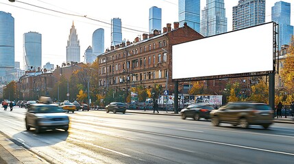 Blank billboard on a busy city street with cityscape background, copy space.