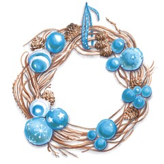 Christmas wreath with blue bubbles. Watercolour illustration