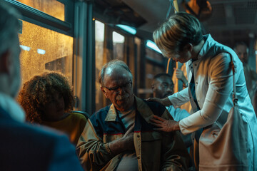 Woman helping an old man on a bus at night