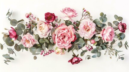 Delicate watercolor frame with clusters of pink flowers and eucalyptus sprigs, featuring dusty roses and peonies in a soft light blush tone, ideal for a romantic invitation or background
