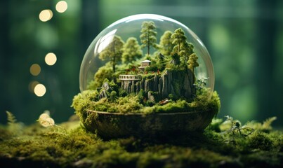 Fototapeta premium sustainability small tree globe glass on moss In forest ECO concept