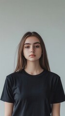 Fototapeta premium A model stands confidently in a plain black T-shirt against a light grey background