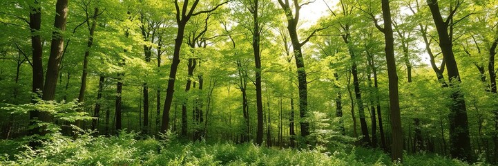 Lush green forest bathed in sunlight during spring, forest, fresh