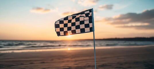 Checkered Flag On Beach At Sunset Symbol Of Victory, Achievement, And The Thrill Of Competition.